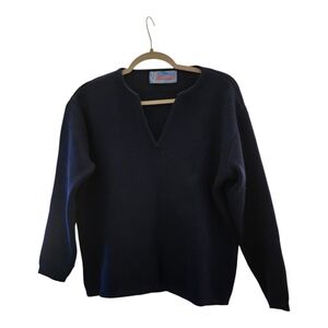 VTG Pull MONTANT Downhill Ski Pure Wool Navy Sweater FRANCE Size M V-Neck Heavy
